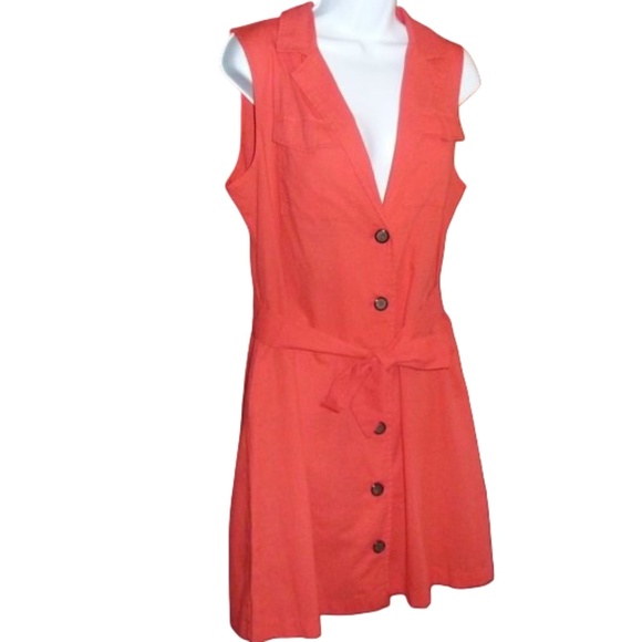 V-Neck Collared Dress, Sleeveless, Short Poppy Coral, W/Belt, Buttons Pockets, L - Picture 2 of 9